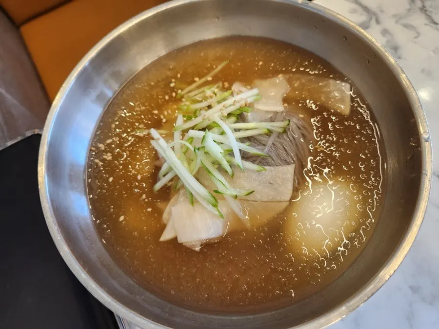 Mul-naengmyeon with icy slush floating on top
