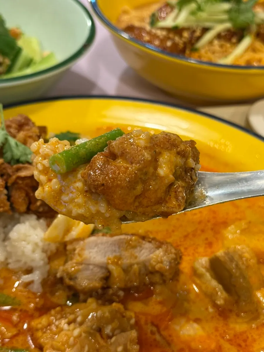 푹 익힌 닭고기를 올린 치킨라이스 한 숟갈