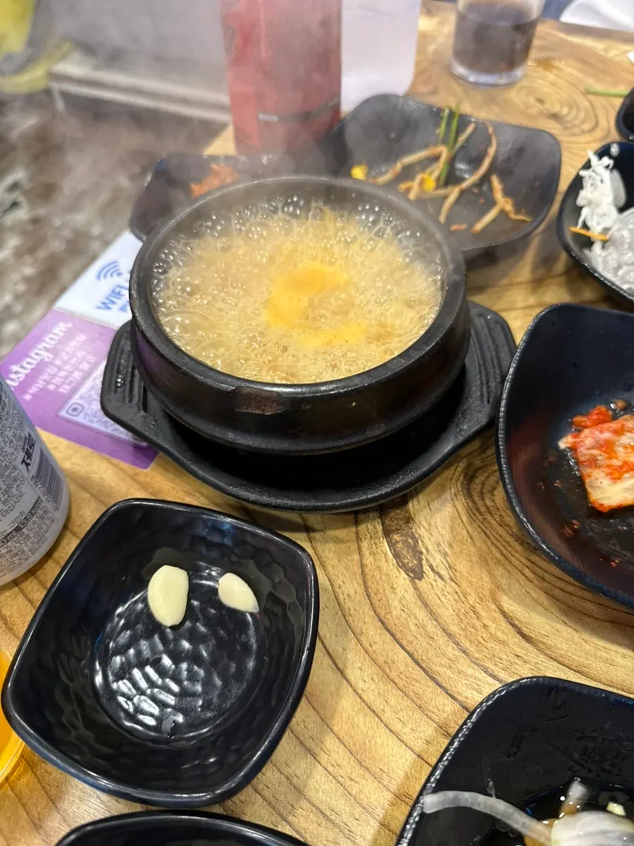 Doenjang jjigae and rice enjoyed with the meat