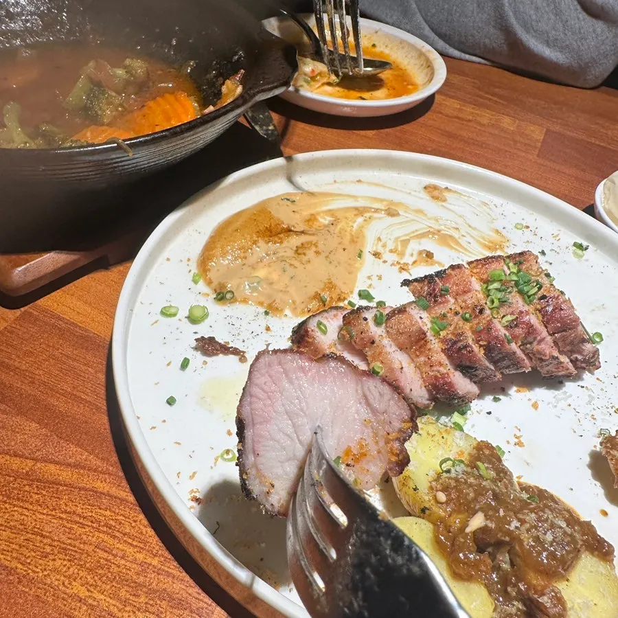 A full plate of Korean pork belly steak
