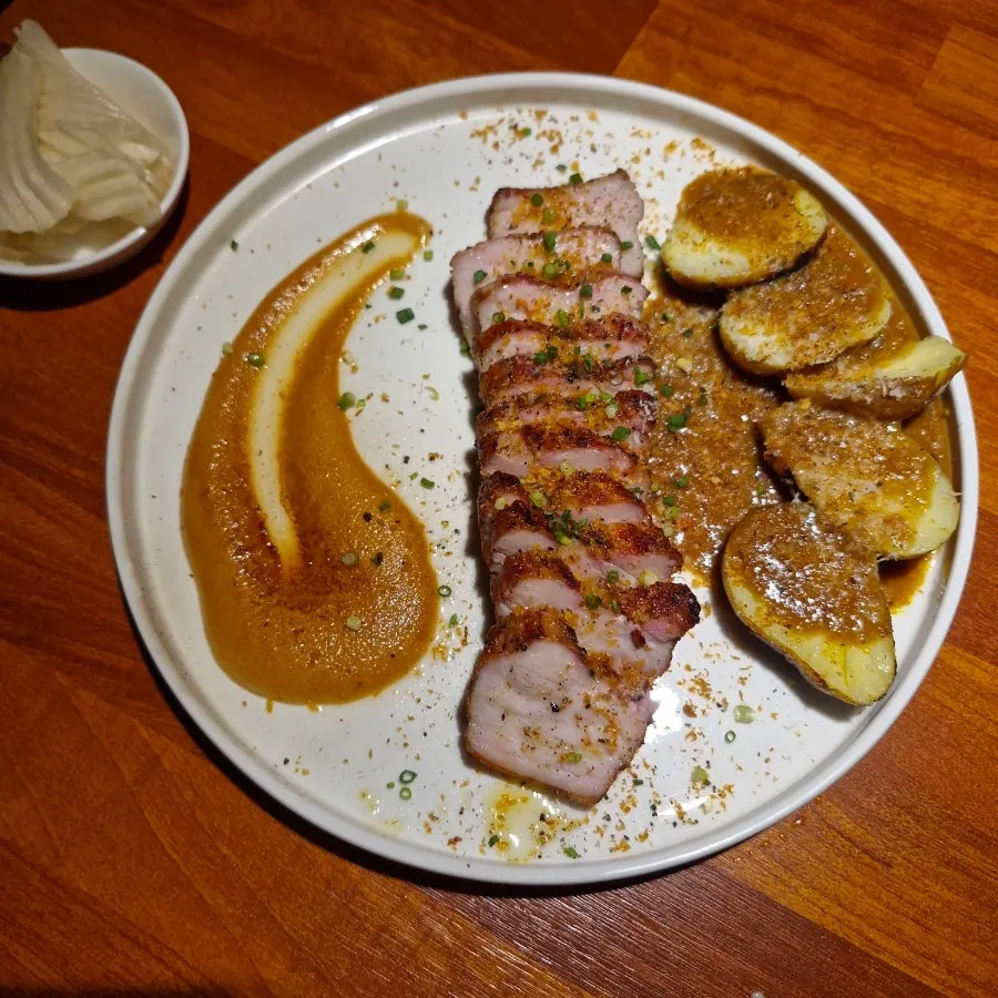 Adam's Korean pork belly steak 300g, plated steak-style