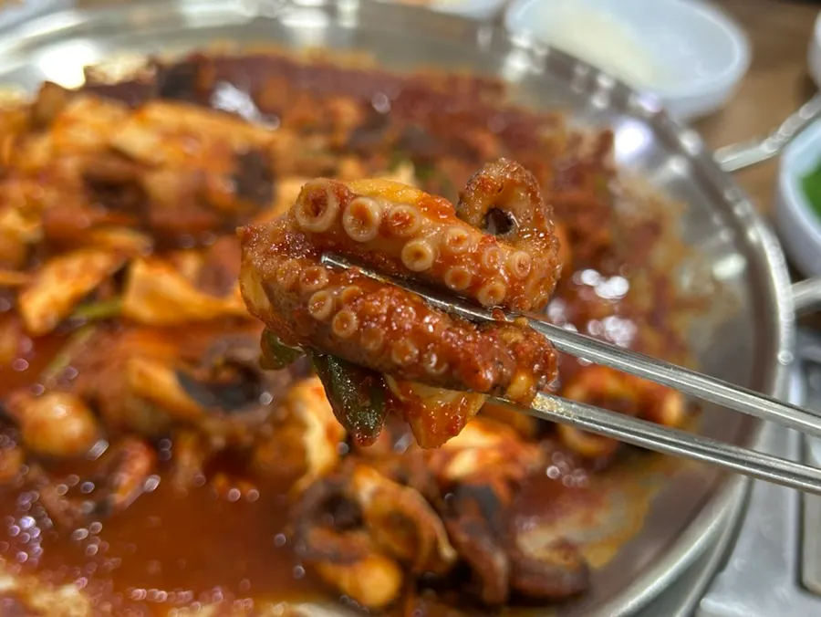 Close-up of jjukkumi stir-fry soaked in sauce