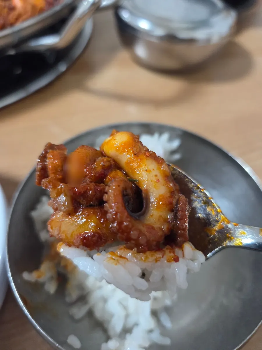 밥에 쭈꾸미와 우삼겹을 곁들인 모습