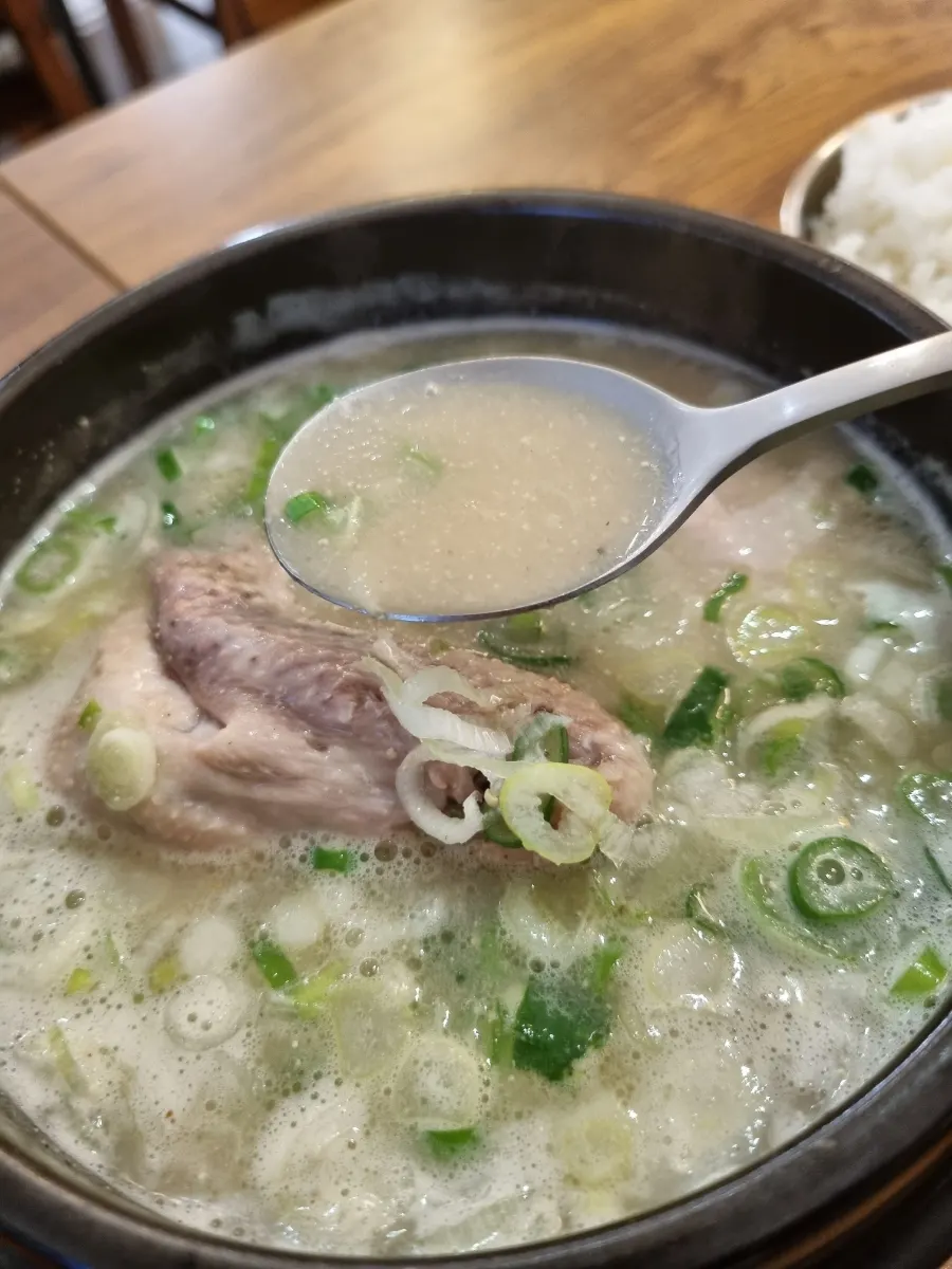닭칼국수 국물과 닭고기 클로즈업