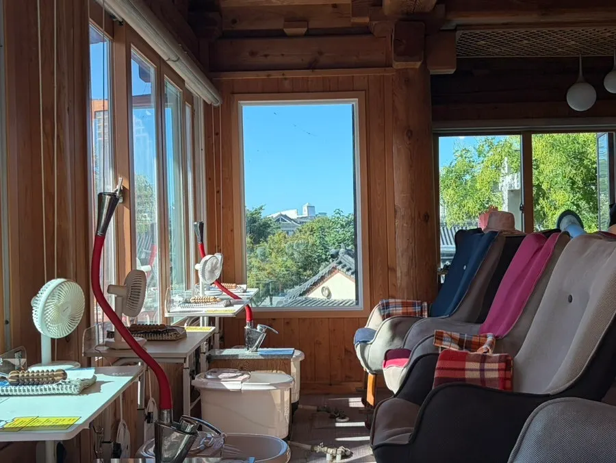 View of hanok roof tiles through the window