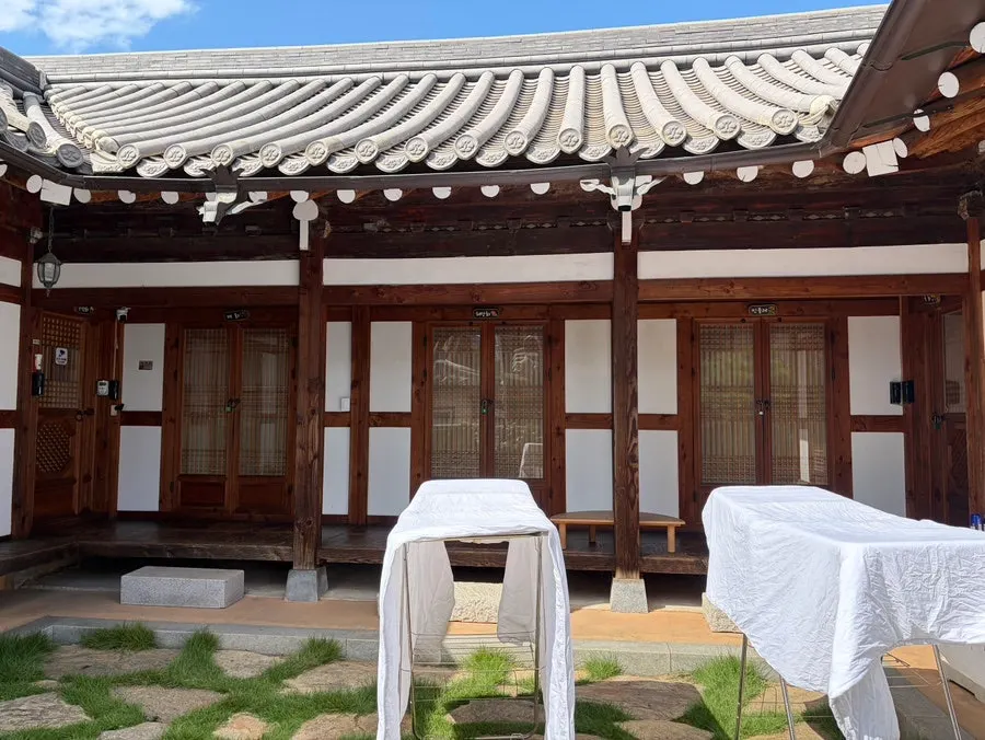 Hanok scenery with tiled roof and blue sky