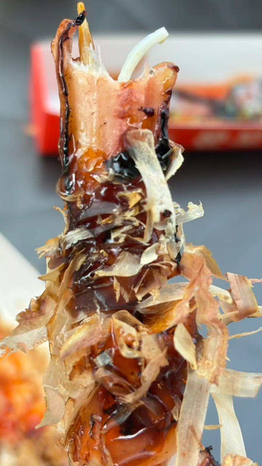 Close-up of the katsuobushi octopus skewer