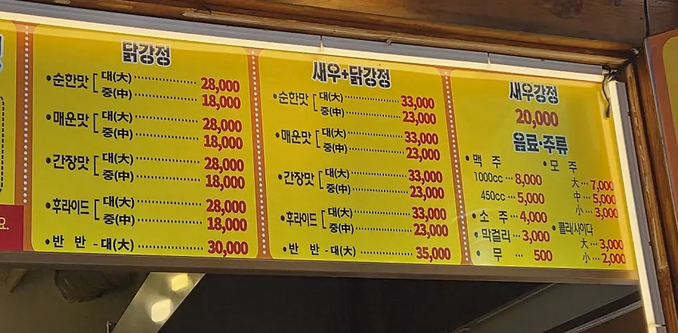 만년닭강정 중·대 사이즈 닭강정 메뉴판