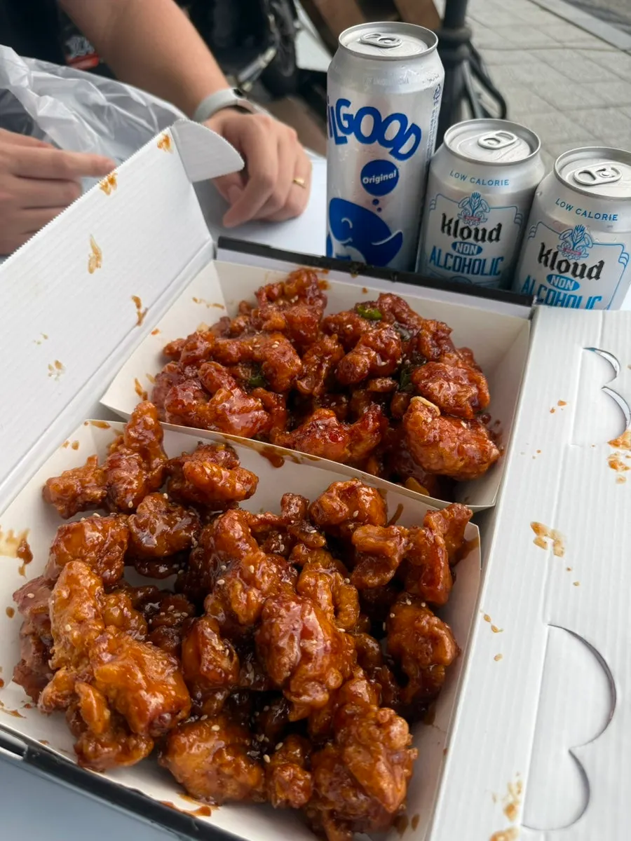 Chewy sauce-coated piece of dakgangjeong