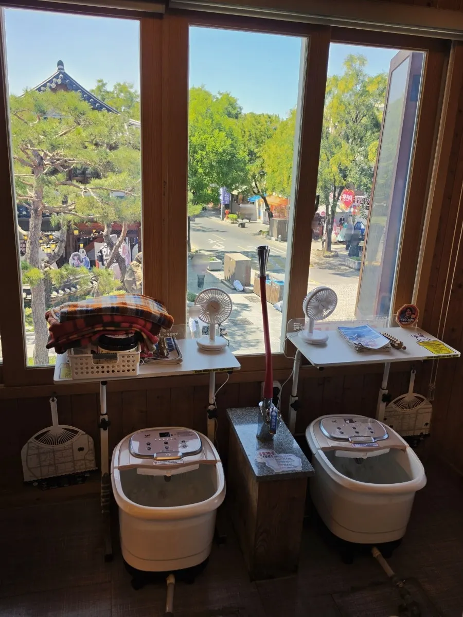 Row of foot bath seats inside the café