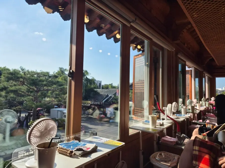 Interior of Anma Jogyok Cafe Jeonmang lined with foot bath seats