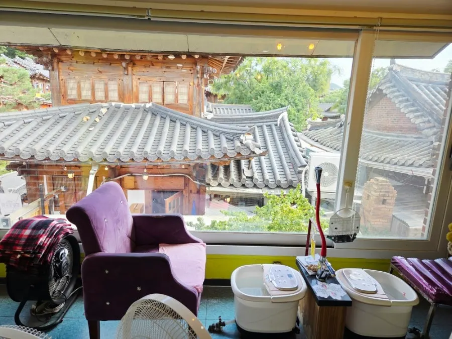 Café interior overlooking Jeonju Hanok Village