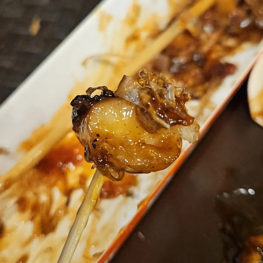 Close-up of the katsuobushi octopus skewer