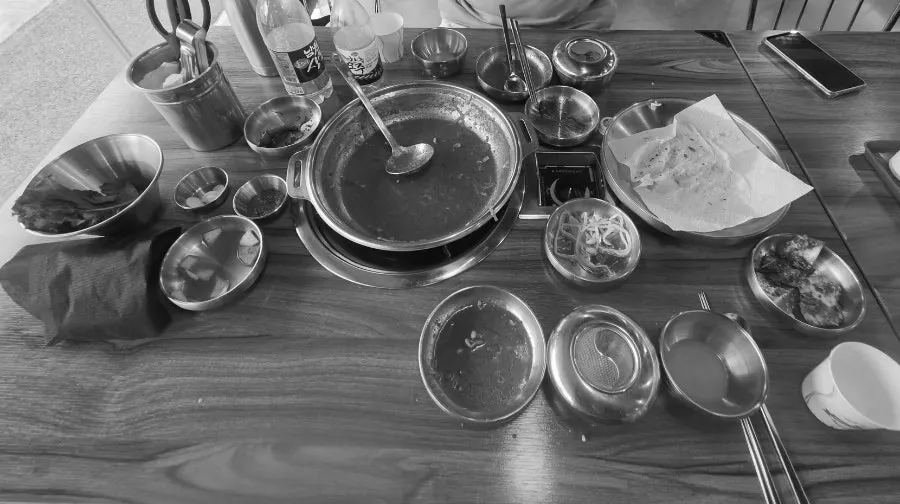 A full meal of galbi hot pot and yukjeon