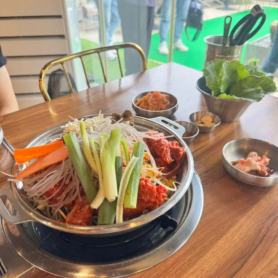Galbi hot pot set spread including yukjeon