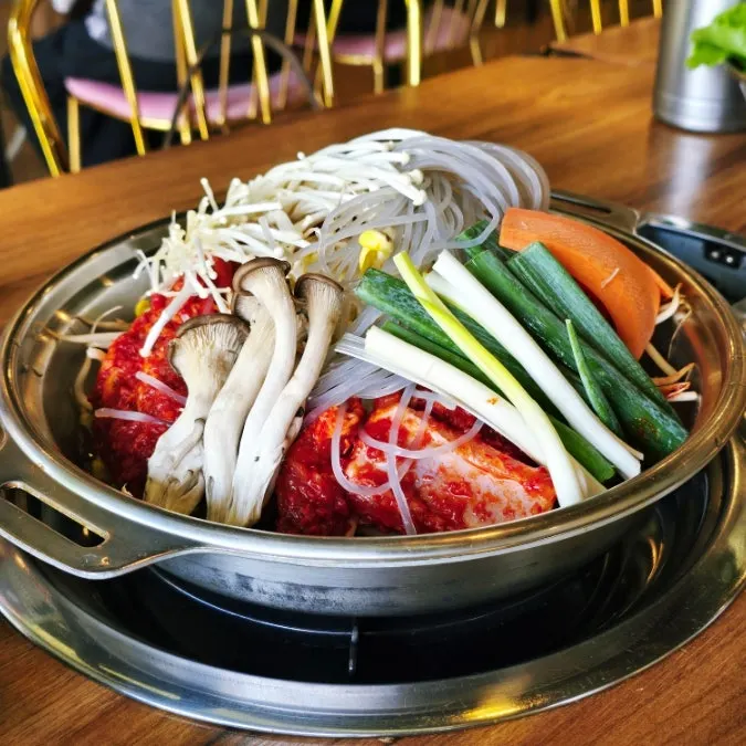Galbi hot pot bubbling on the burner