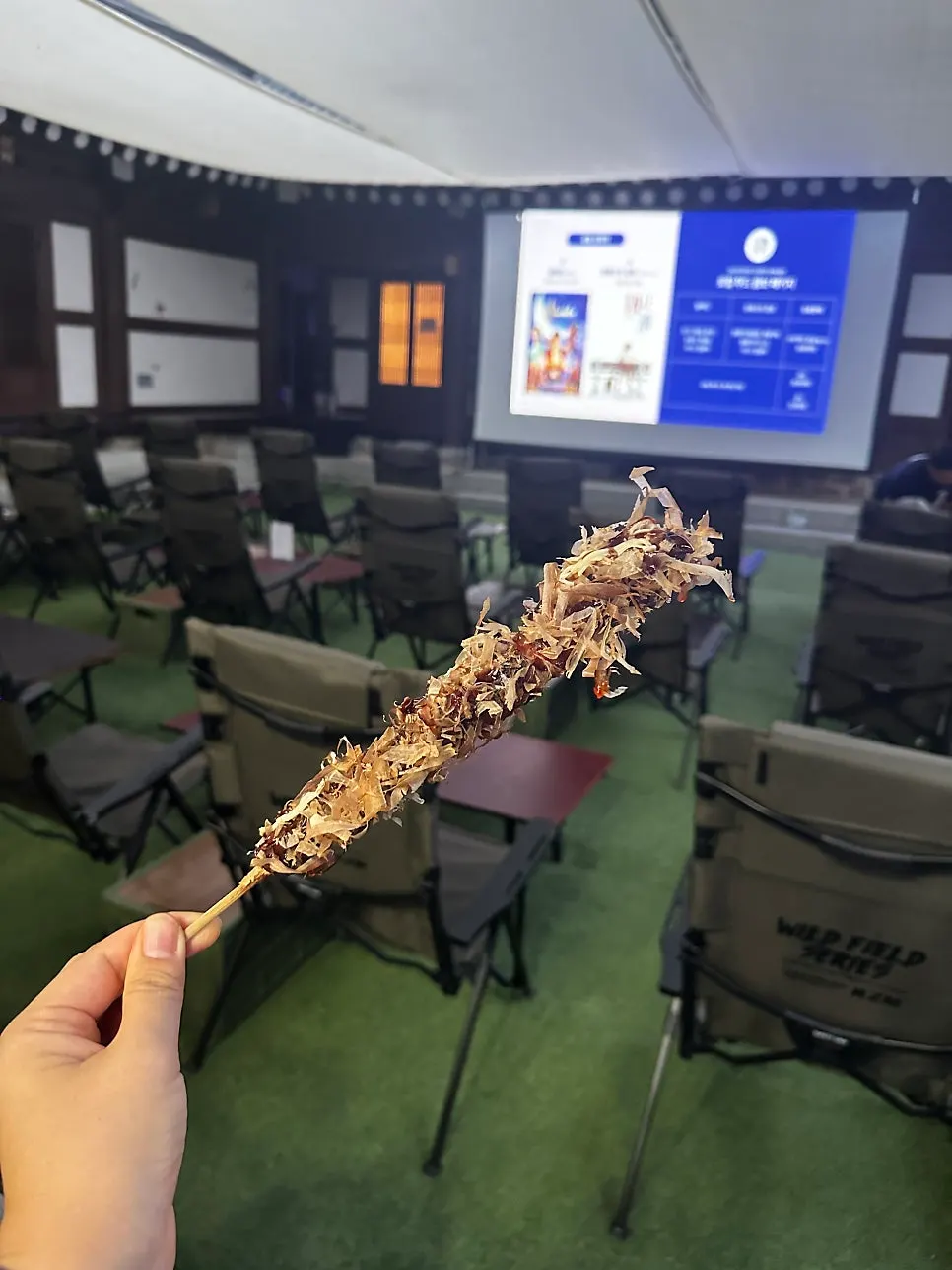 Takeout late-night snack of mild mala chicken skewer and cheese octopus gangjeong from Munkkocchi in Jeonju Hanok Village