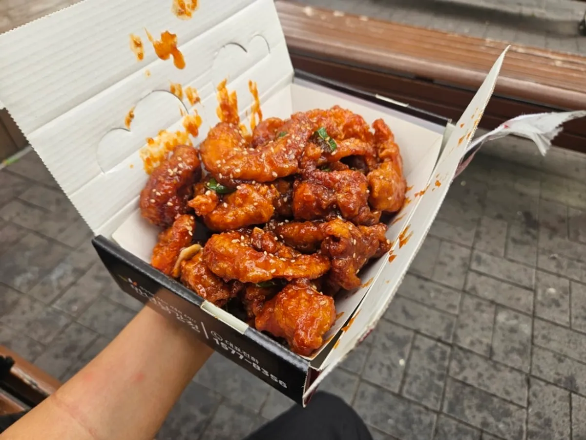 Opened box of half shrimp, half chicken gangjeong, small size