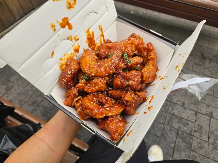 Spicy dakgangjeong topped with cheongyang chili peppers