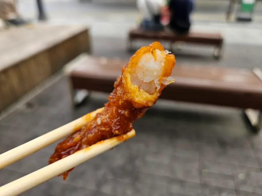 Close-up of sauce-coated shrimp gangjeong
