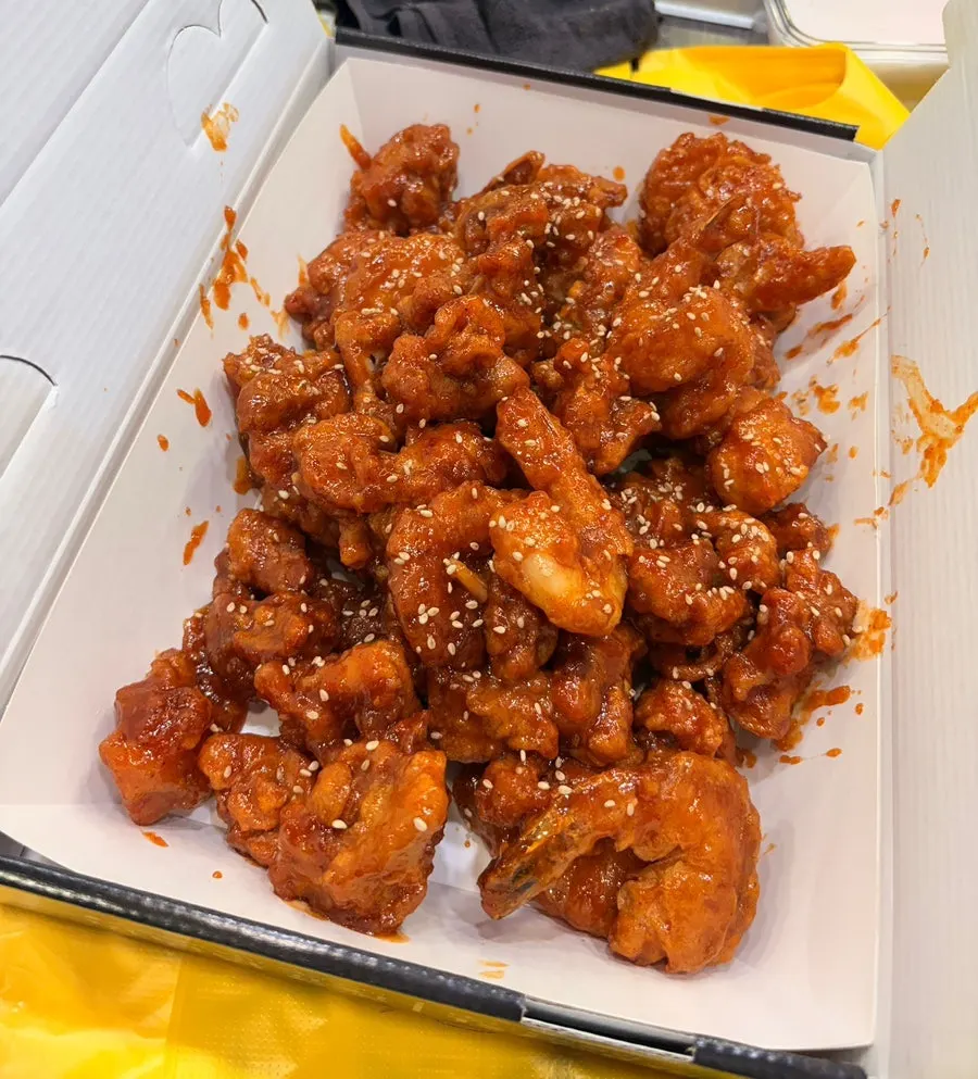 Takeout shrimp and chicken dakgangjeong combo