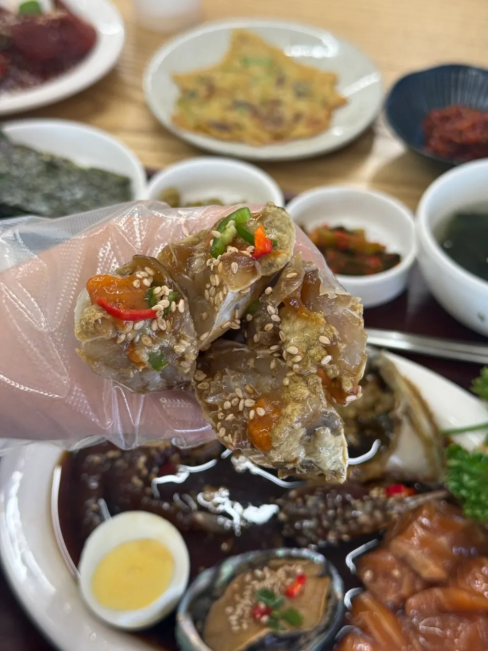 Soy sauce crab cut into easy-to-eat pieces