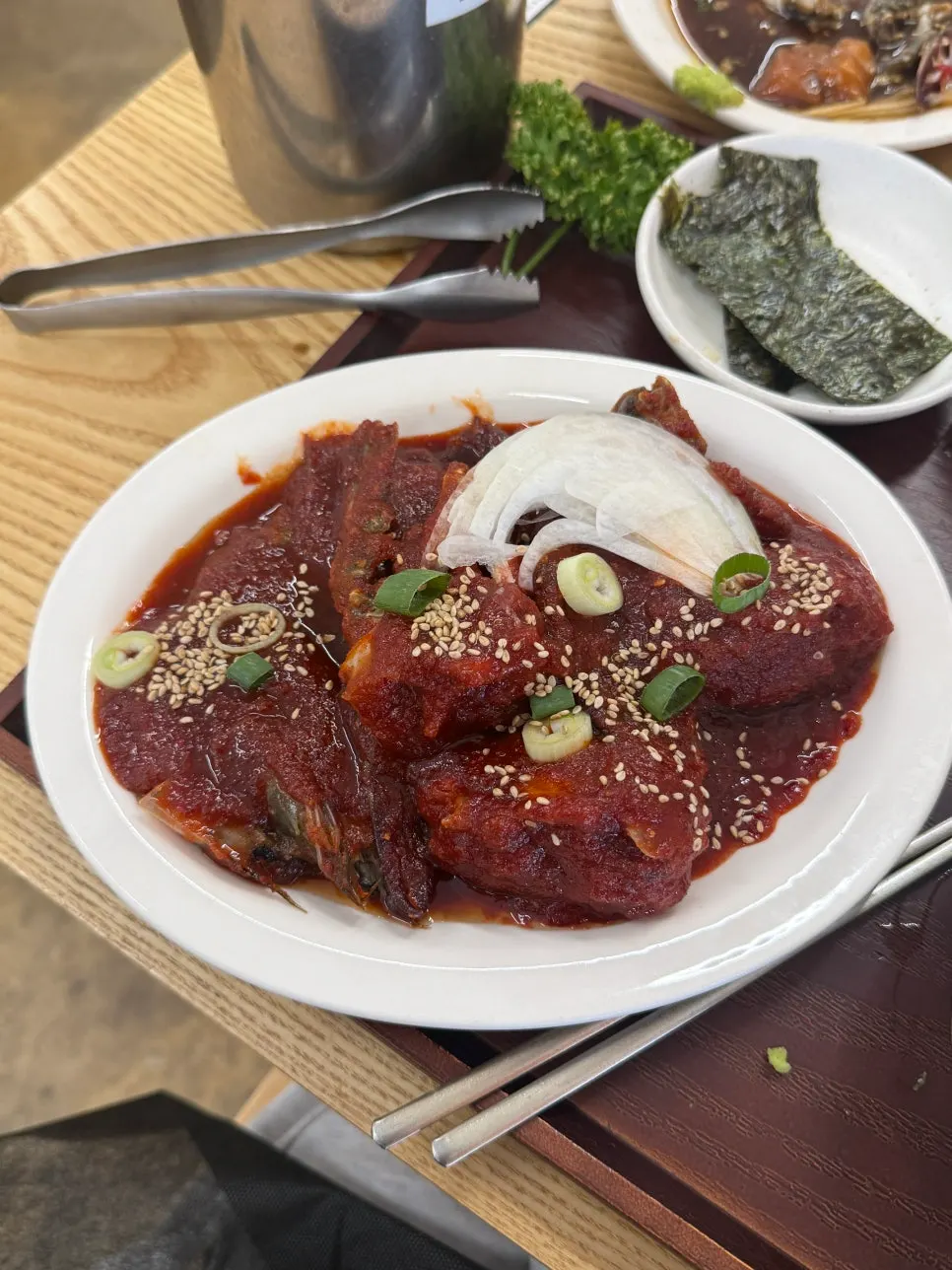A plate of spicy crab and spicy shrimp