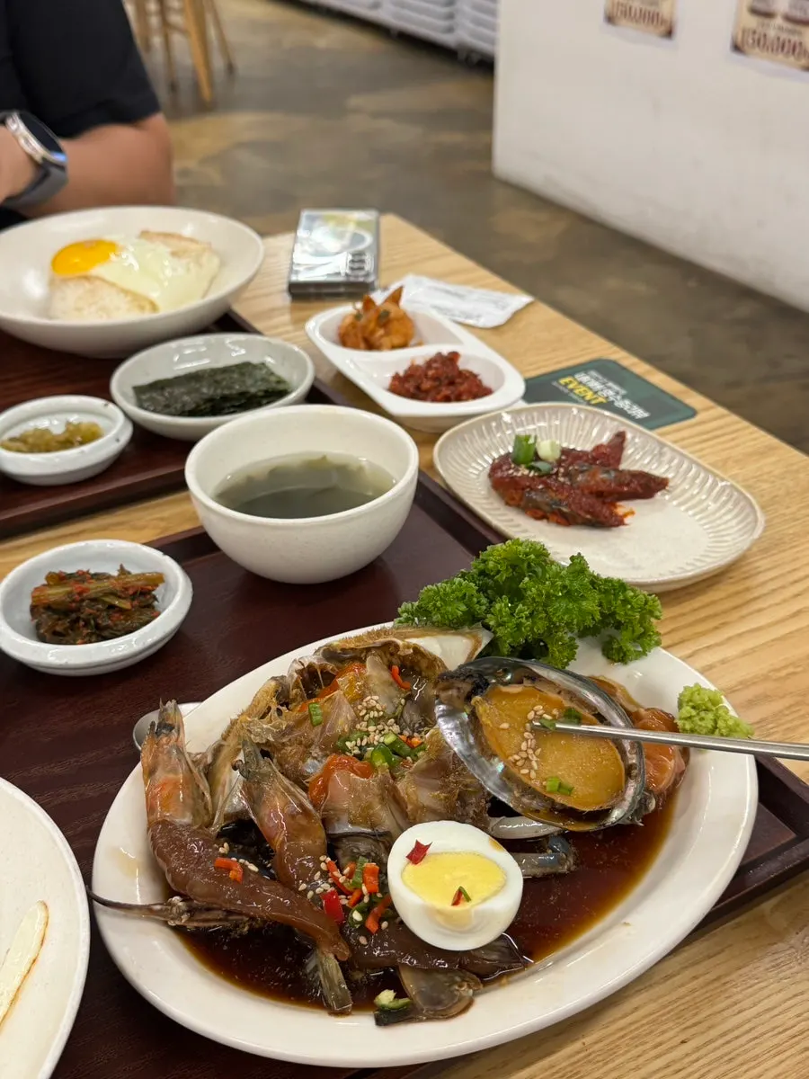 Soy-marinated abalone and shrimp