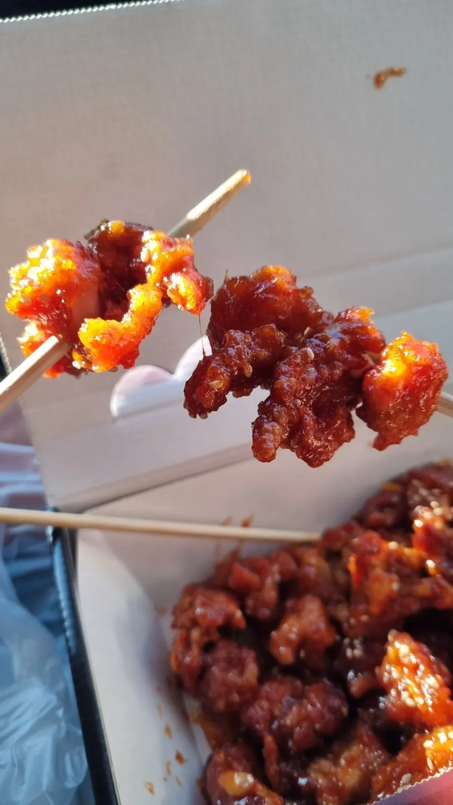 Close-up of evenly sauce-coated spicy dakgangjeong