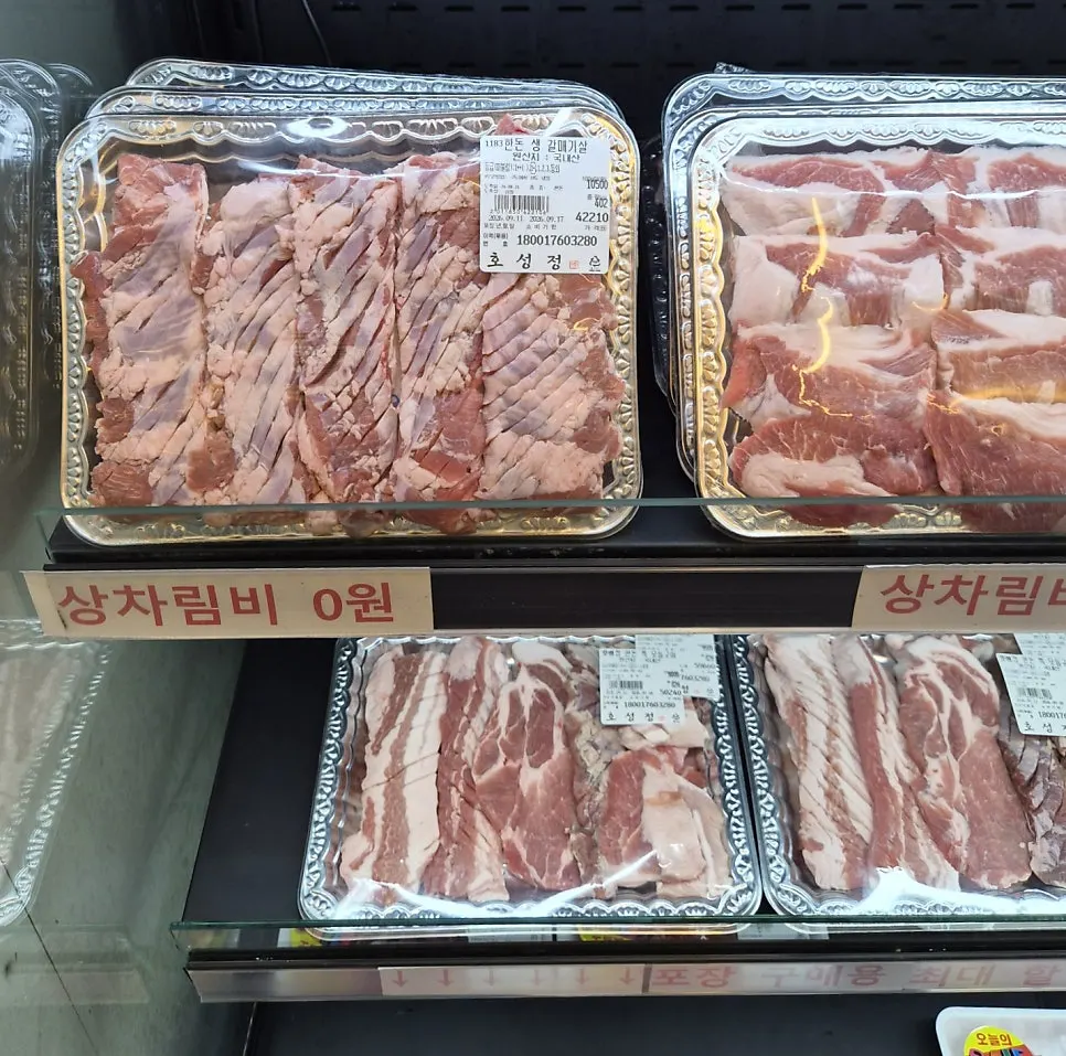 Butcher counter with cuts displayed by part and by gram