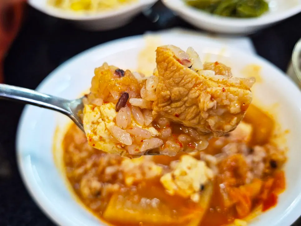 Rice mixed into the kimchi stew broth