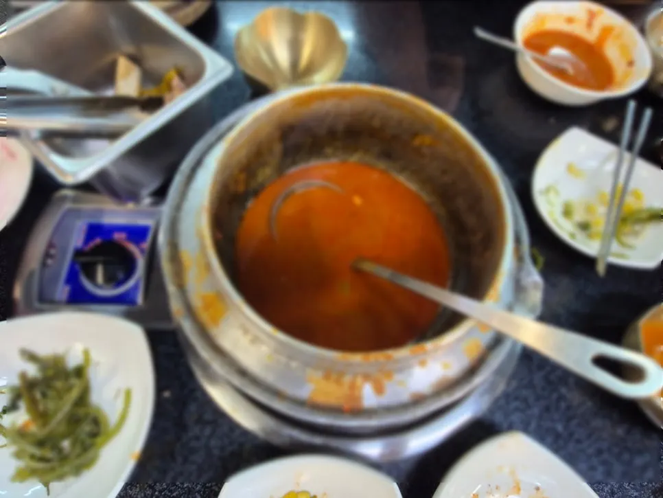 The finished table at Jeonju House after the galbi kimchi stew meal