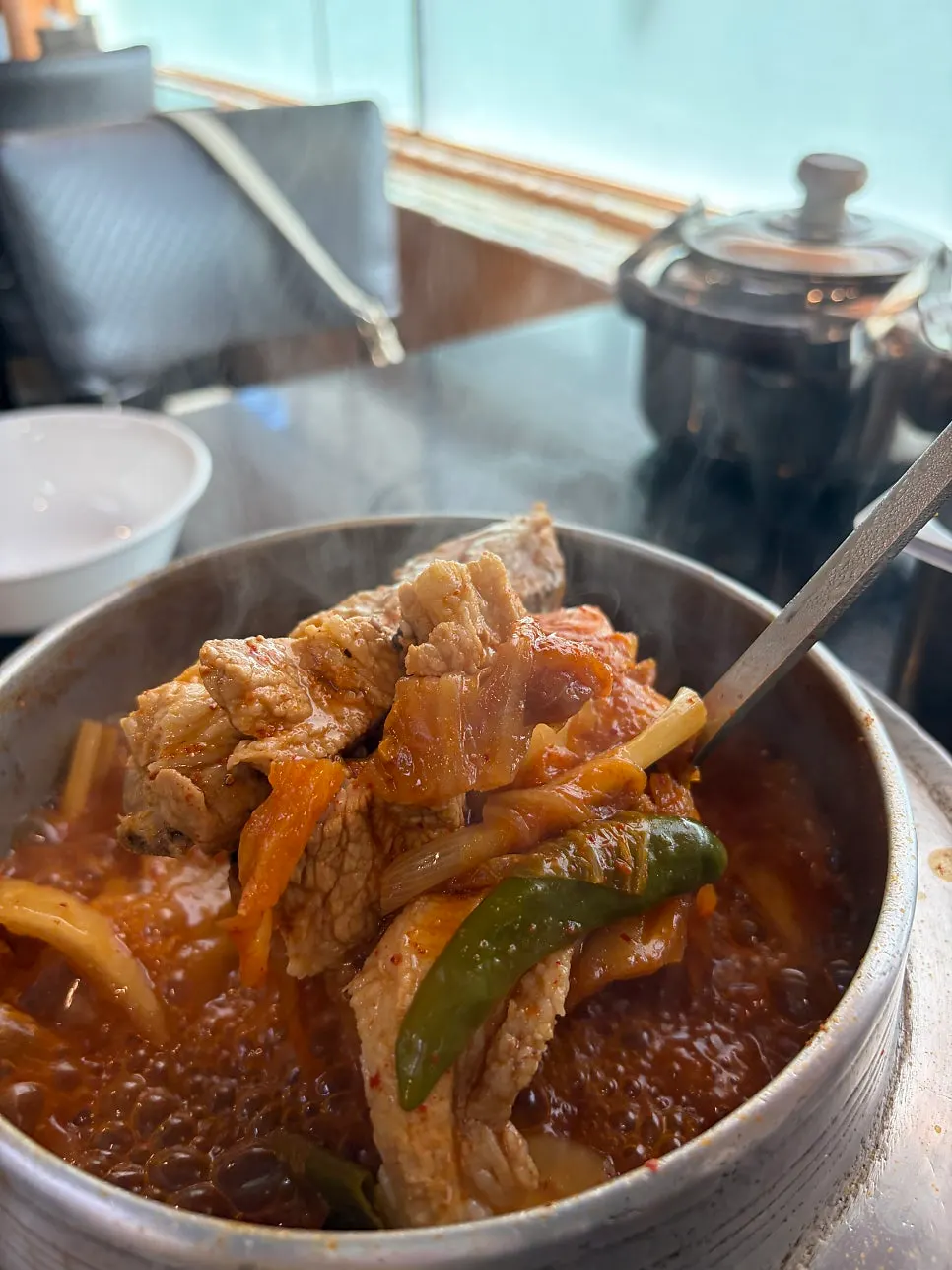 Galbi kimchi stew with whole aged kimchi and Korean pork galbi