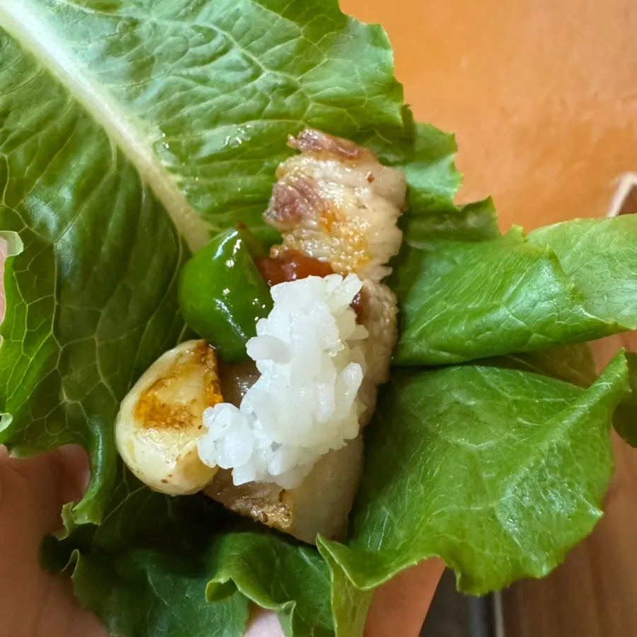 Cross-section of chewy grilled pork belly
