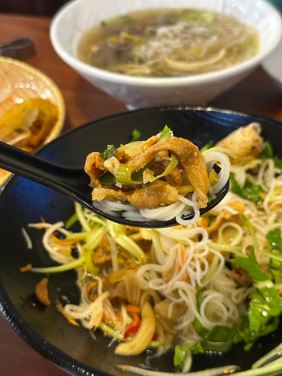 Bun cha and vegetables mixed together, ready to eat