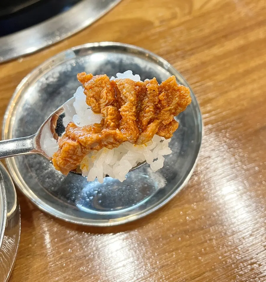 White rice topped with broth and rib meat