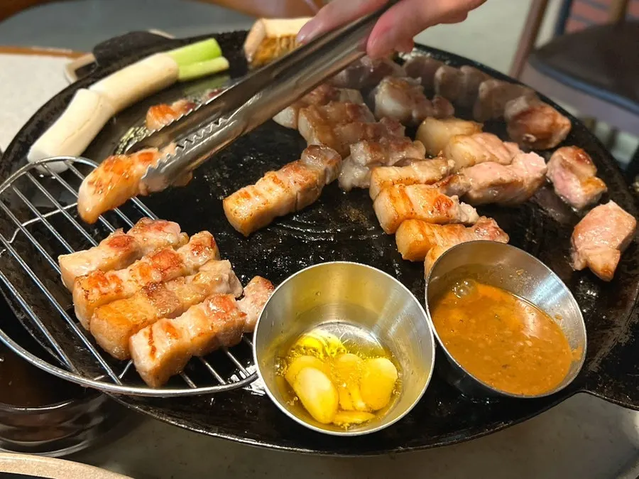 Finished pork belly set on a tray