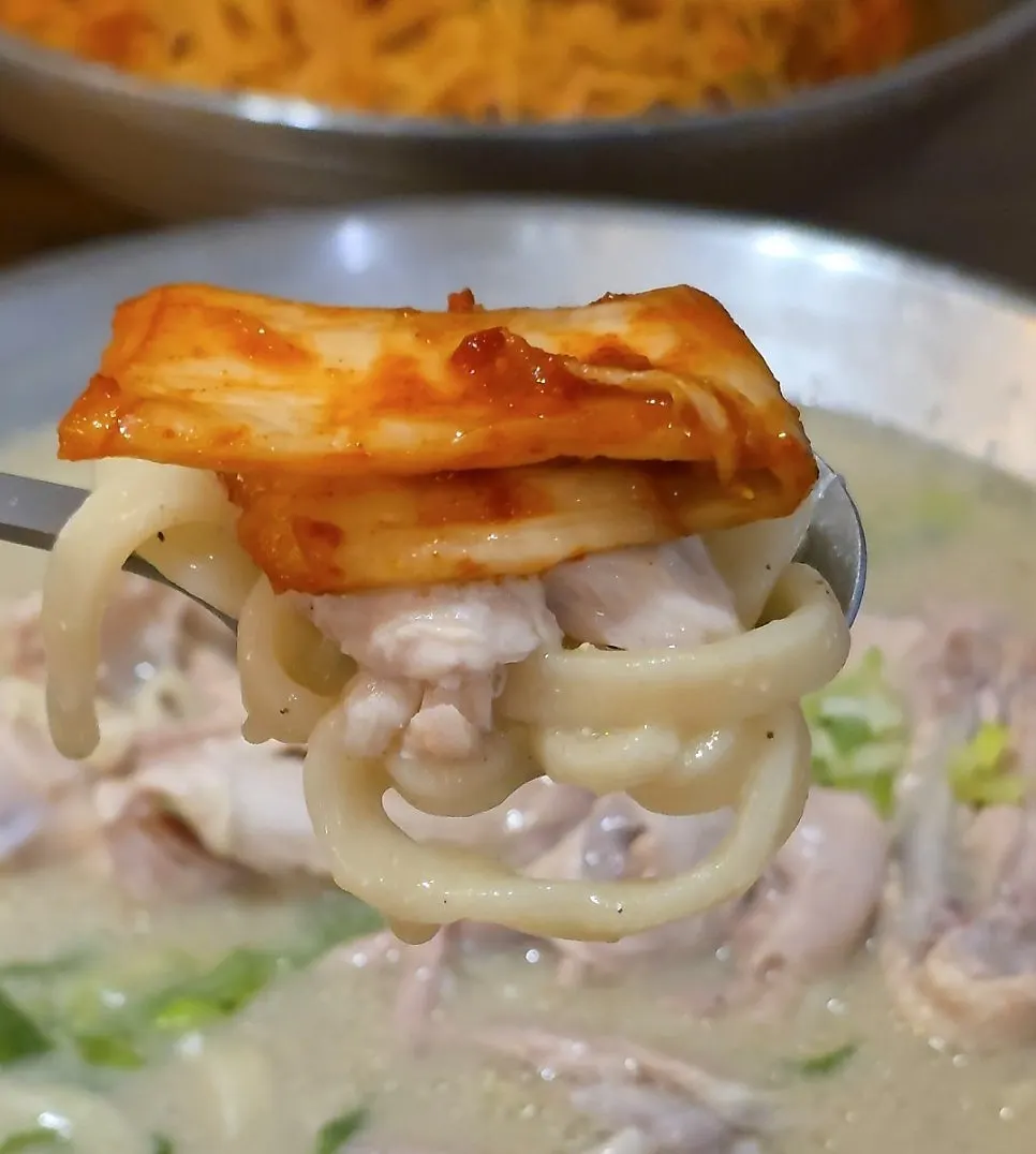 Close-up of chicken kalguksu noodles and boiled chicken