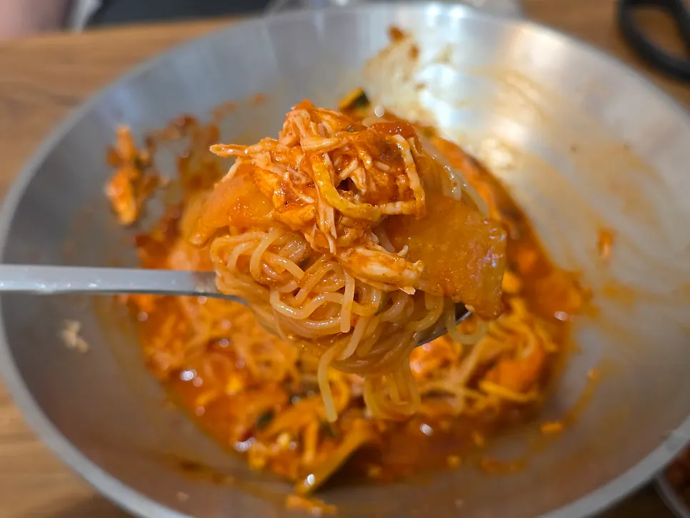 Spicy chogye mil-myeon topped with chicken breast