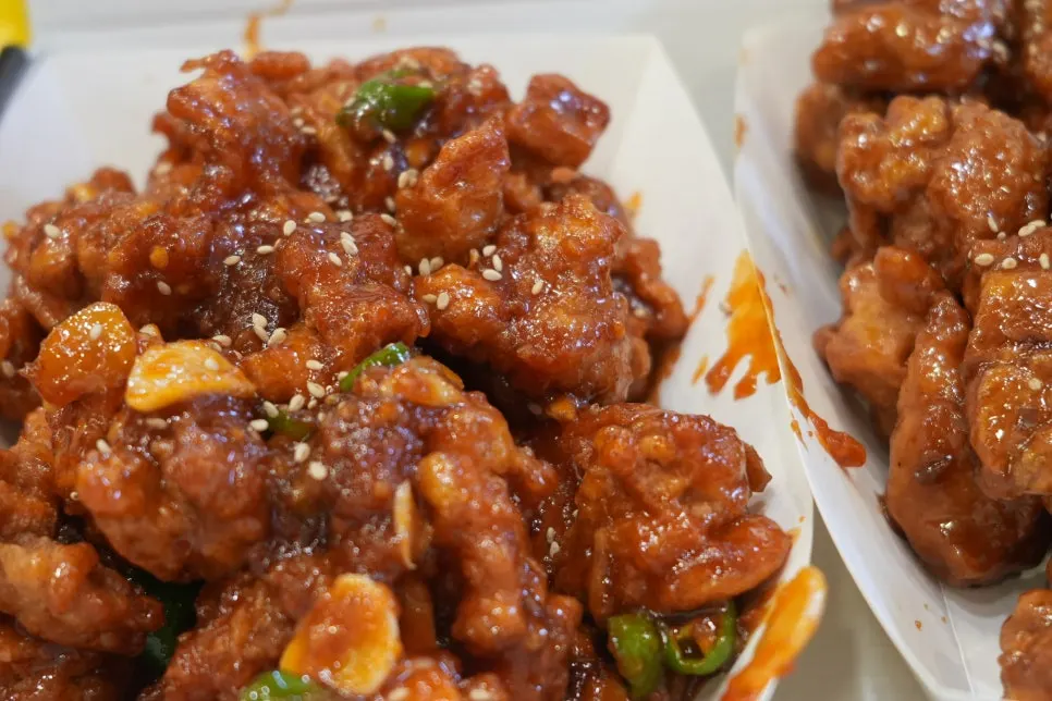 Takeout dakgangjeong, half spicy and half soy sauce