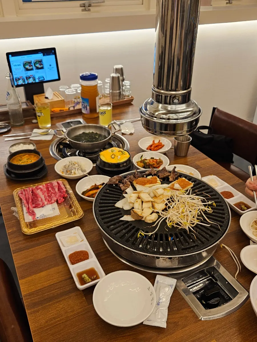Table with Korean beef galbisal and side dishes