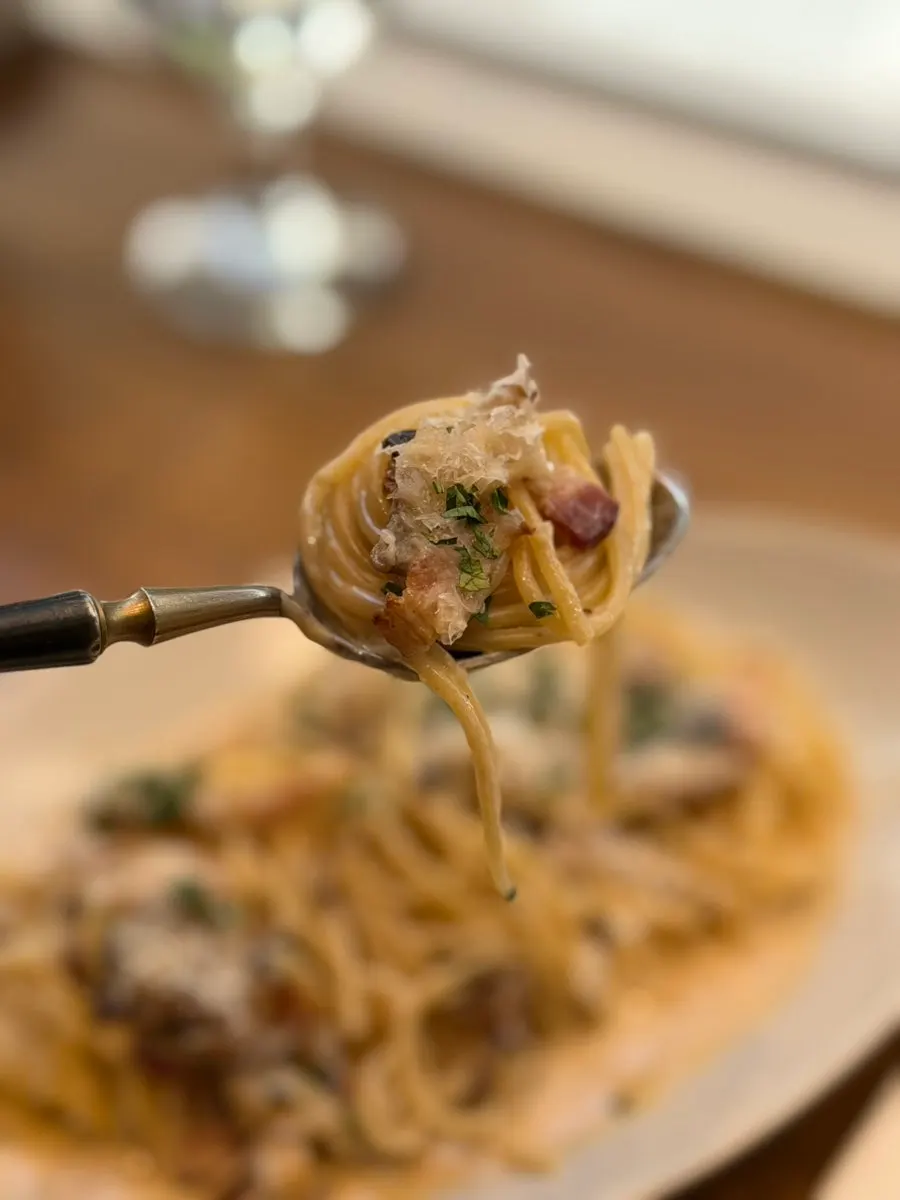 Pasta strands coated in thick cream sauce