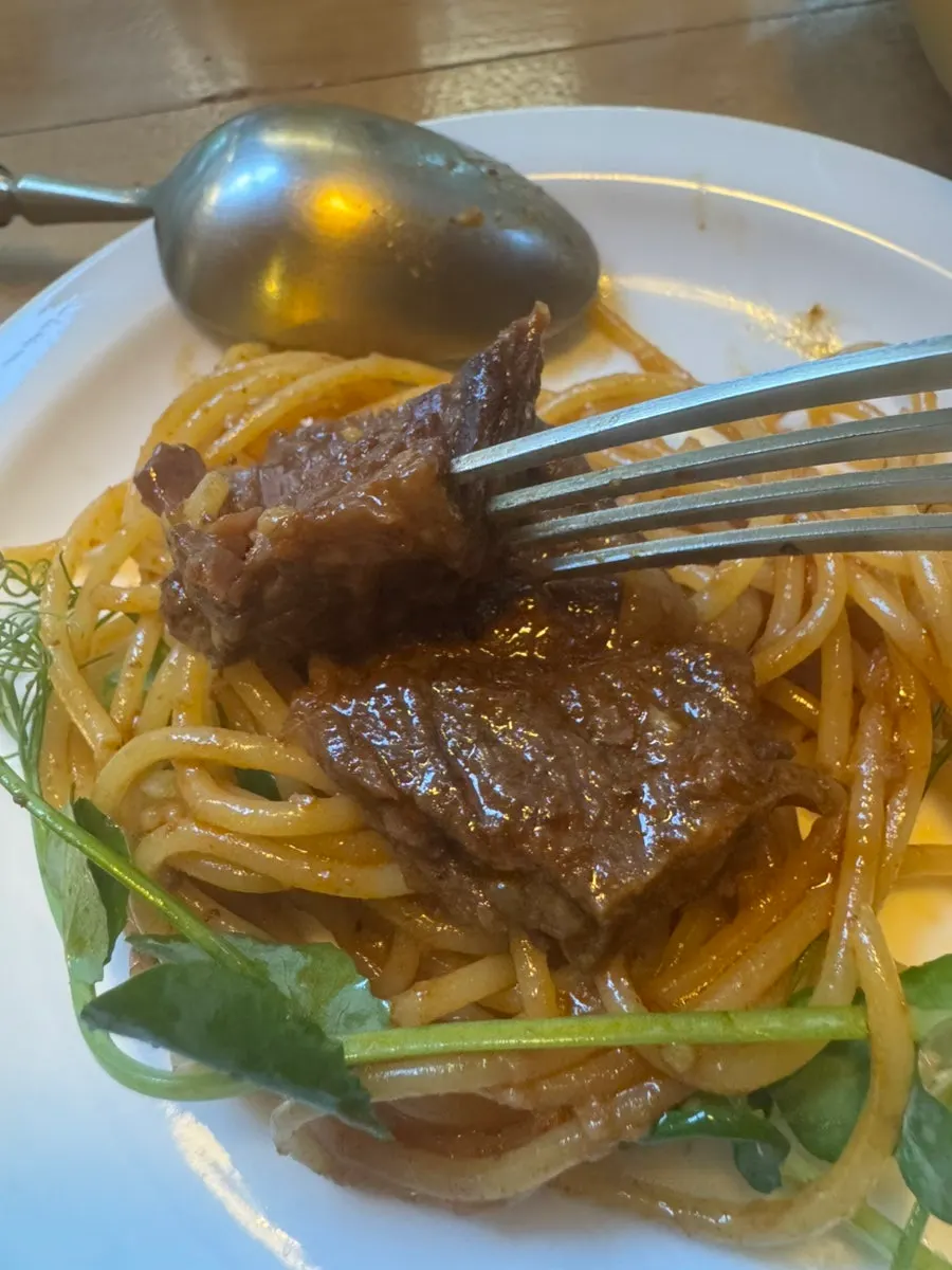 Brassway's galbi pasta soaked in soy-based sauce