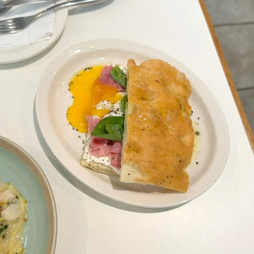 Plate with the Bismarck focaccia sandwich