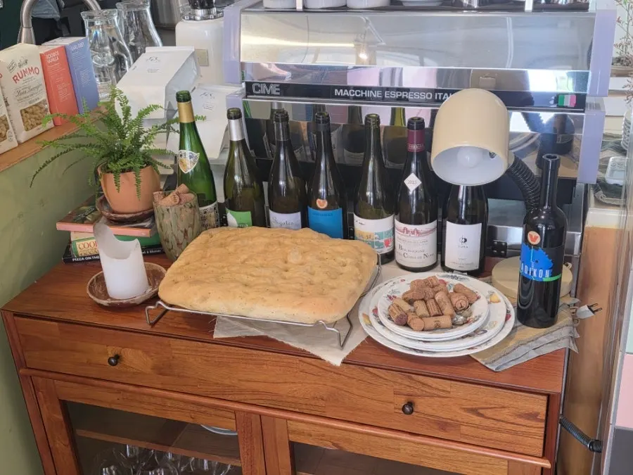 House-baked focaccia displayed at the entrance