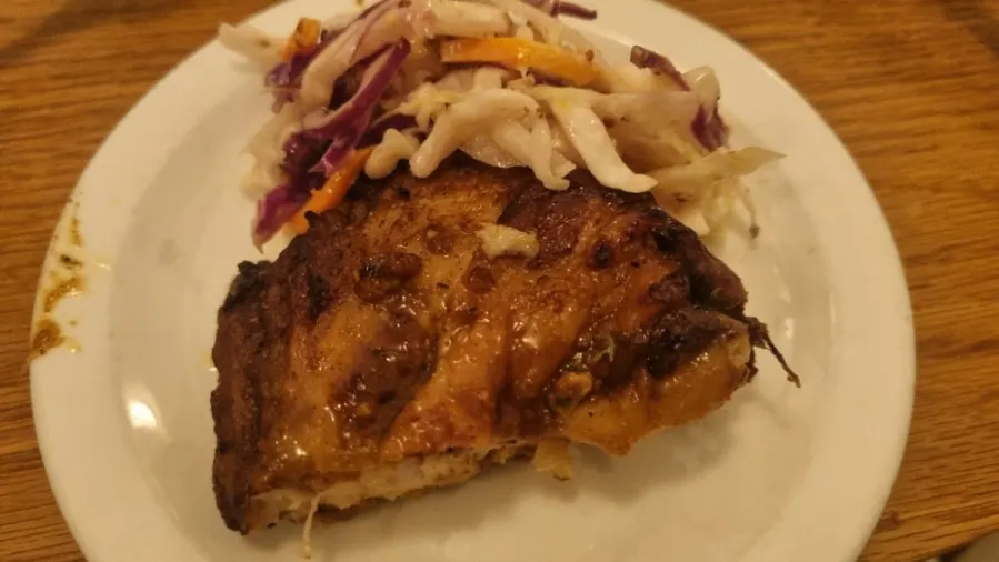Chicken steak with potatoes and coleslaw