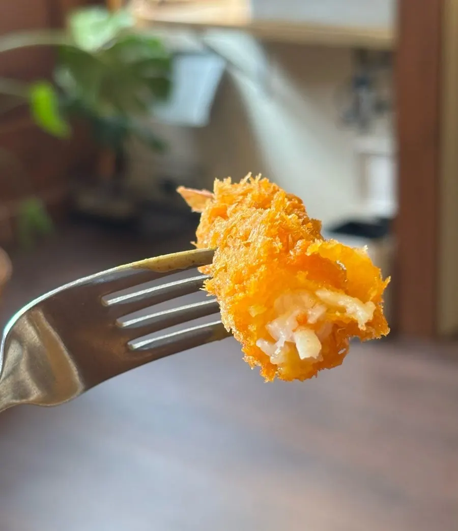 Cross-section of freshly fried shrimp tempura