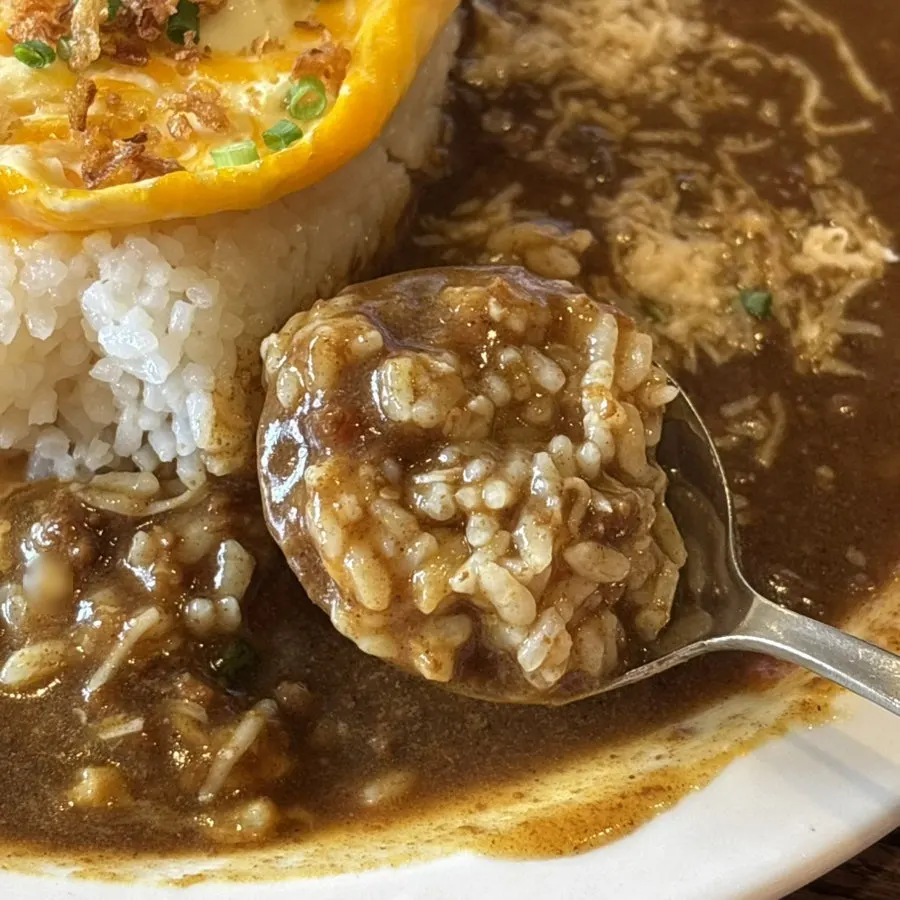 Half-and-half curry with beef curry and cream curry side by side