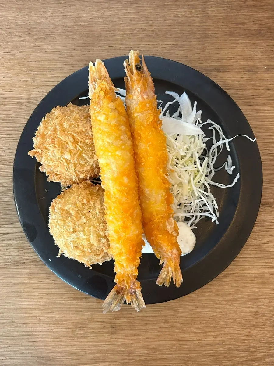 Plate of sweet potato cheese croquette and shrimp tempura