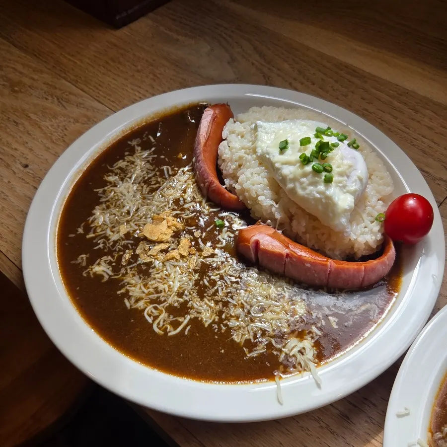 Half-and-half curry with rice down the middle and curry on each side